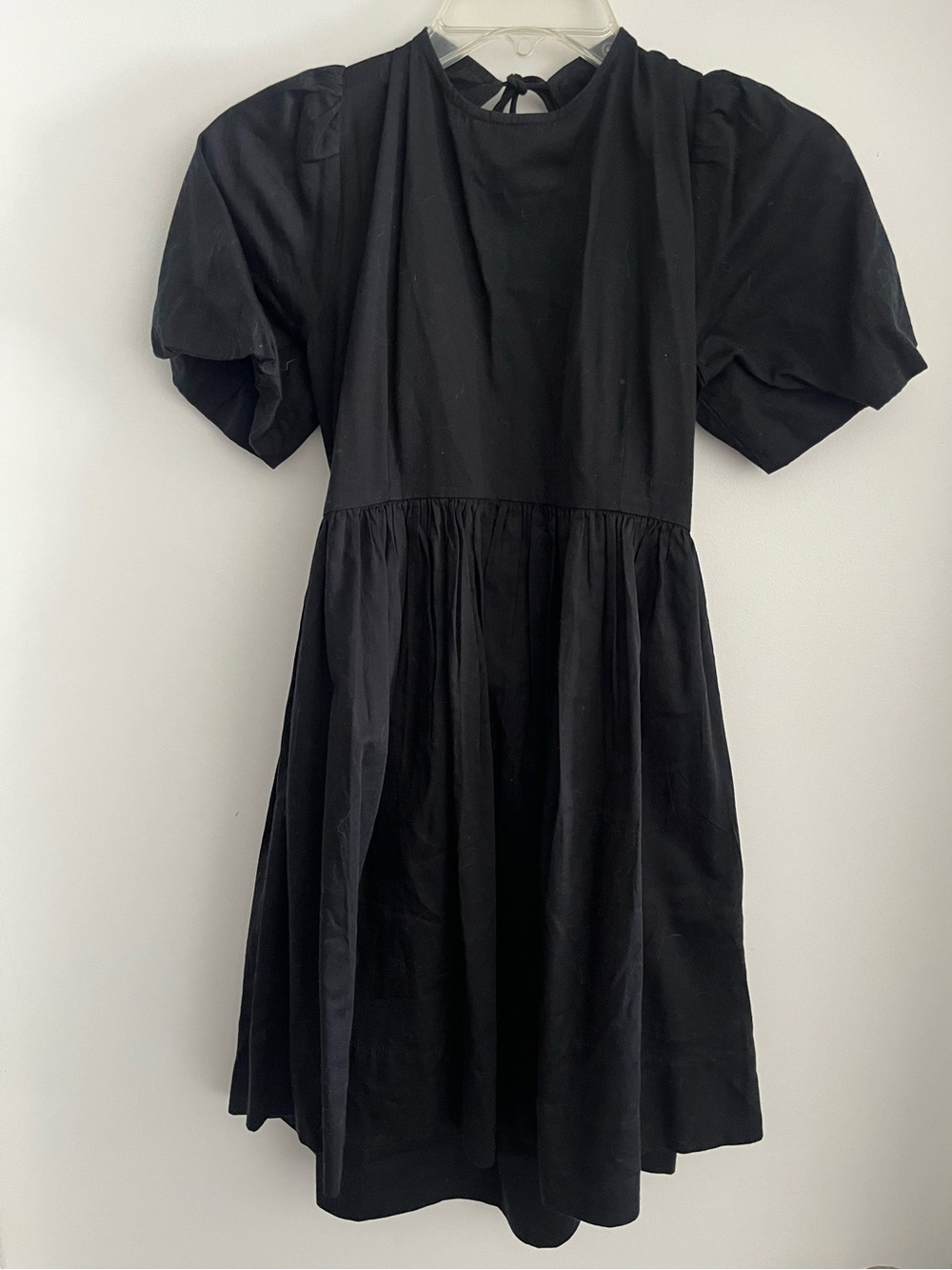 Black Puff-Sleeve Dress with Pockets